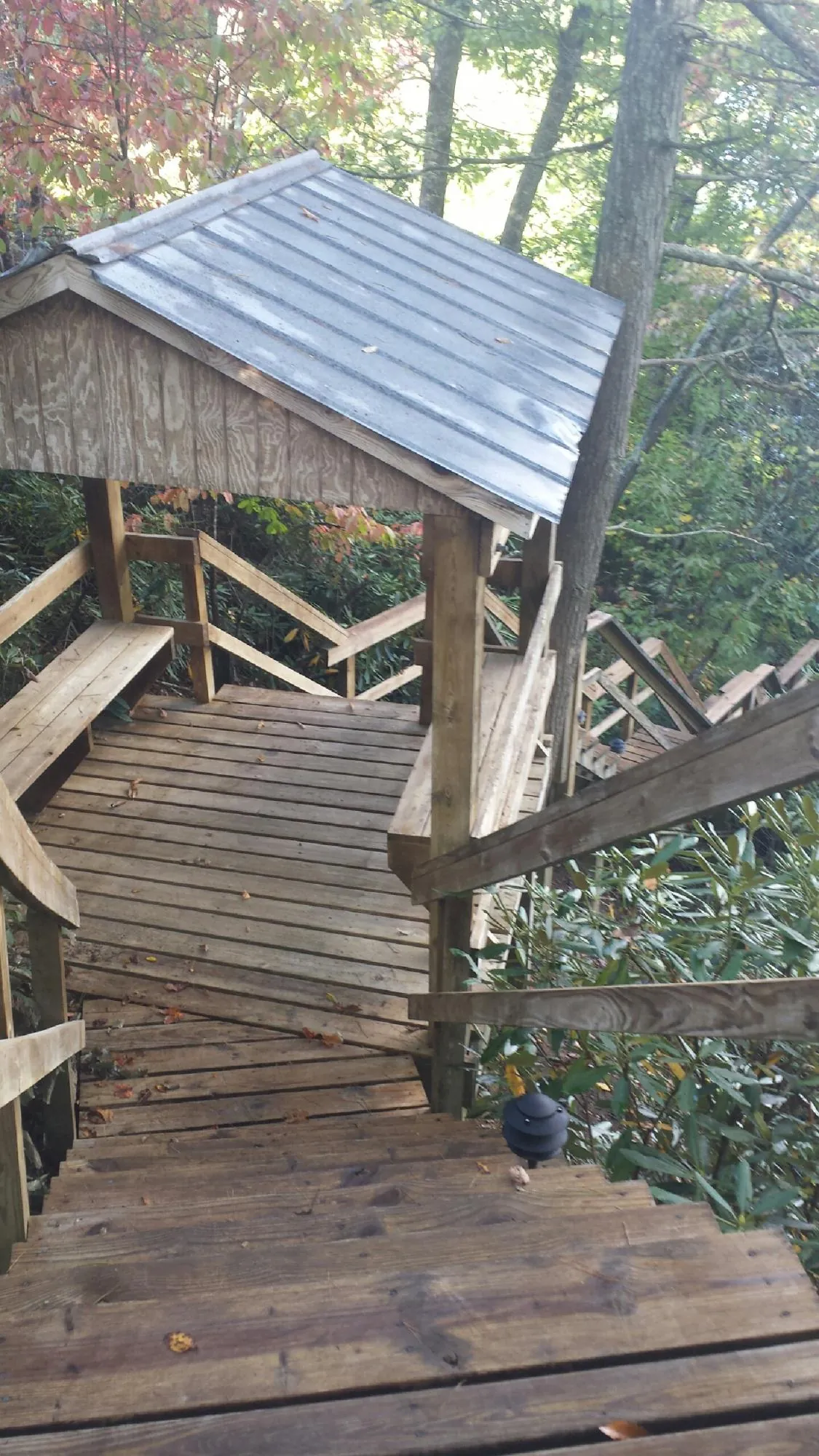 Metal roofed shelter over wooden steps on a wooded walkway — Skylight Repair & Installation work by our crew in Dammeron Valley